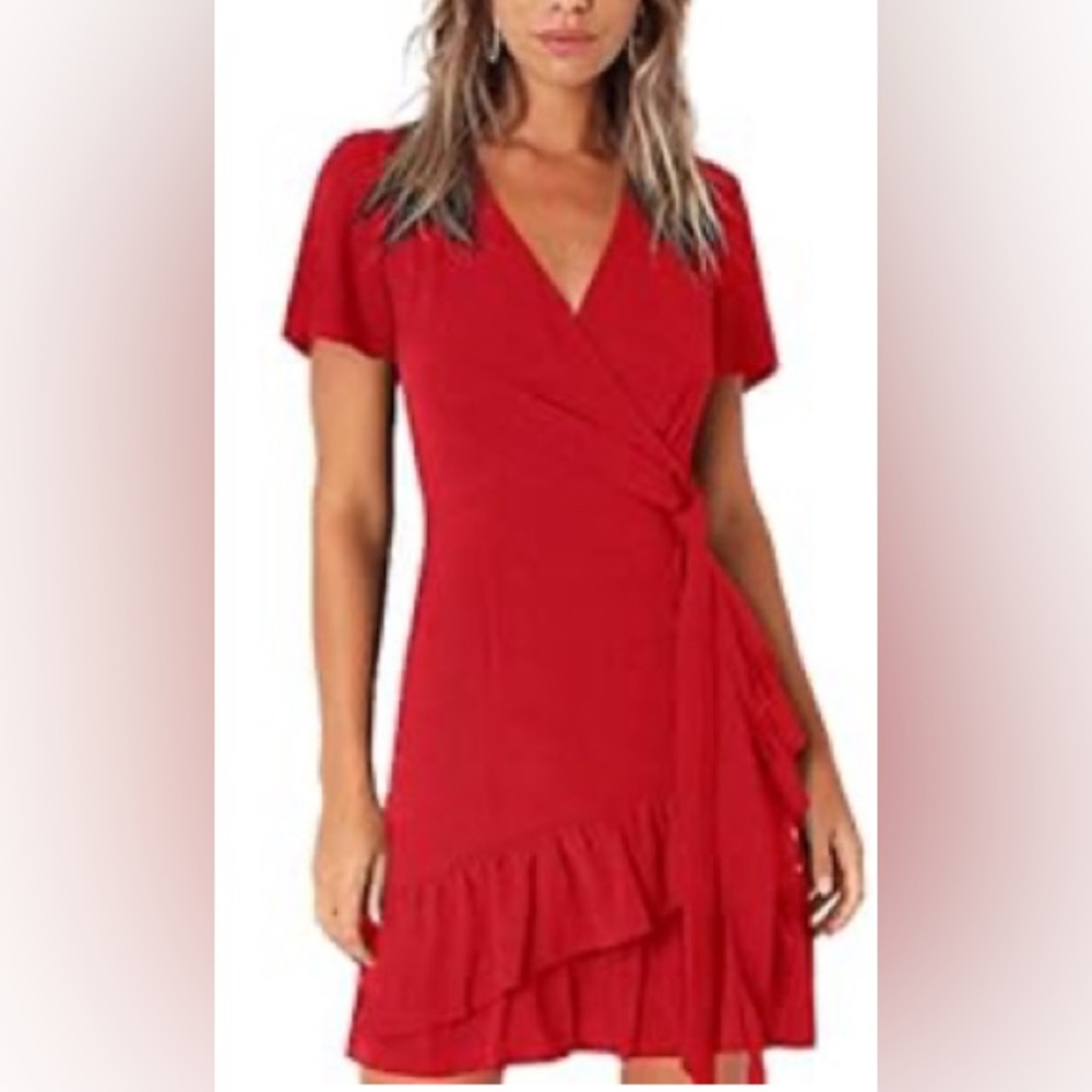 Kate Kasin Women Mini Dress Wrap V Neck Ruffled Irregular Hem with Tie Belt